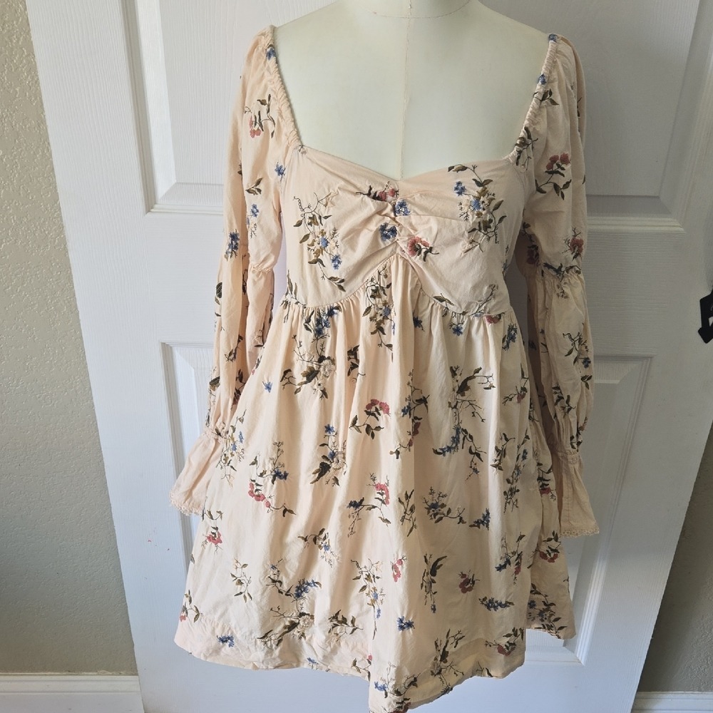 Anthropologie Floral Embroidered Smocked Back Mini Dress Peach Small Boho